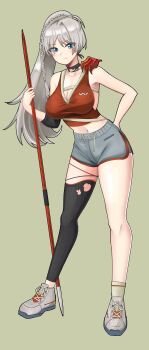 1girl absurdres ahoge ankle_socks bare_shoulders black_choker black_leggings blue_eyes breasts choker cleavage closed_mouth commission dikke_(reverse:1999) dikke_(the_pointy_end_up)_(reverse:1999) disembodied_hand dolphin_shorts elbow_pads full_body green_background grey_hair grey_shorts hand_on_another&#039;s_shoulder hand_on_own_hip highres holding_javelin impossible_clothes impossible_shirt javelin_(spear) large_breasts leaning_forward leggings legs_apart long_hair looking_at_viewer mahruru midriff navel ponytail red_tank_top reverse:1999 second-party_source shirt shoes shorts single_detached_legging single_elbow_pad single_sock sneakers socks solo standing tank_top torn_clothes torn_leggings v-neck white_shoes white_socks