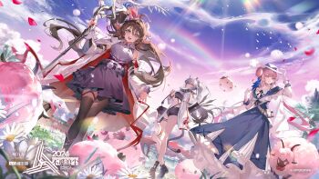 3girls animal_ears arknights black_boots boots ceylon_(arknights) chinese_commentary commentary_request copyright_name copyright_notice crop_top eyjafjalla_(arknights) eyjafjalla_the_hvit_aska_(arknights) flower gloves hat highres holding holding_staff horns kuuus multiple_girls official_art ponytail pouch rainbow scarf schwarz_(arknights) sheep shorts staff thigh_pouch white_gloves