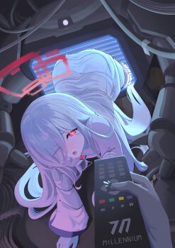 1girl 1other absurdres ass blue_archive blush colored_skin commentary controller crawling dress drooling english_commentary eyes_visible_through_hair hair_over_one_eye halo highres holding holding_remote_control kei_(amas)_(blue_archive) kei_(blue_archive) kei_(new_body)_(blue_archive) long_hair long_sleeves looking_at_viewer myuf one_eye_closed open_mouth red_eyes red_halo remote_control ringed_eyes through_medium through_screen twitching white_dress white_hair white_skin