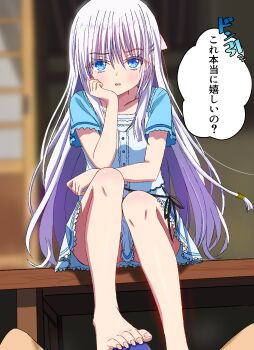 1boy 1girl absurdres bare_legs barefoot blue_eyes blue_sleeves blush bulge colored_eyelashes commentary_request dress eyelashes eyes_visible_through_hair feet foot_out_of_frame footjob footjob_over_clothes frilled_dress frills frown furrowed_brow hair_between_eyes hair_ornament hairclip hand_on_own_cheek hand_on_own_face hand_up hetero highres legs long_hair looking_at_viewer naruse_shiroha open_mouth parallel_hairclips pov pov_crotch sakuratoru short_dress short_sleeves solo_focus speech_bubble straight_hair summer_pockets toenails toes very_long_hair wavy_mouth white_dress white_eyelashes white_hair