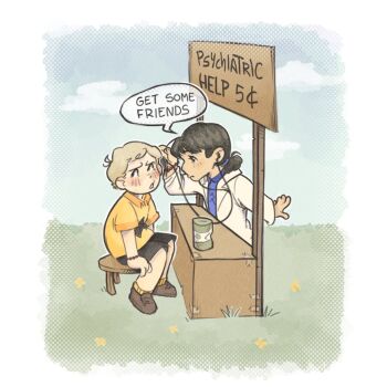 1boy 1girl black_hair blonde_hair blue_dress charlie_brown coat dress hashtag-only_commentary highres lab_coat lucy_van_pelt peanuts_(comic) puffy_short_sleeves puffy_sleeves shirt short_hair short_sleeves shorts sitting stethoscope toffi white_coat yellow_shirt