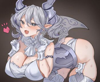 1girl bare_shoulders blush breasts commentary_request demon_horns demon_wings duel_monster earrings grey_eyes heart highres horns jewelry large_breasts lovely_labrynth_of_the_silver_castle pointy_ears short_hair signature takanaru white_hair wings yu-gi-oh!