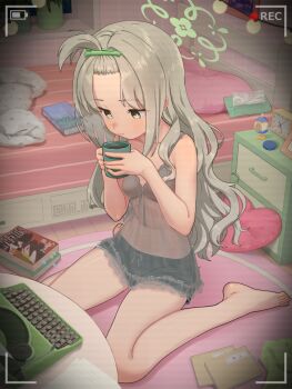1girl bangs_pinned_back barefoot battery_indicator blue_archive closed_mouth commentary_request cup green_halo grey_hair halo holding holding_cup indoors long_hair miyo_(blue_archive) paid_reward_available recording sitting solo special_cat variant_set viewfinder wariza yellow_eyes