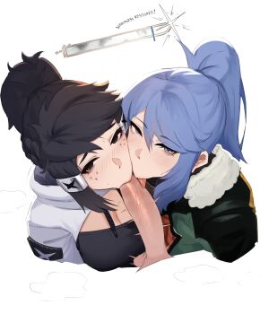 1boy 2girls absurdres bad_link black_eyes black_hair blue_eyes blue_hair borrowed_character breasts cleavage commentary cooperative_fellatio english_commentary english_text facial_mark fellatio fur-trimmed_jacket fur_trim hair_tubes hetero highres jacket large_breasts licking licking_penis long_hair looking_at_viewer monster_hunter_(series) multiple_girls oral original penis ponytail saki_(the_atko) sword teamwork_(sexual) the_atko uncensored weapon white_background