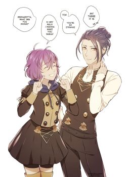 1boy 1girl belt bernadetta_von_varley bike_shorts black_hair black_pants closed_eyes closed_mouth darkgreyclouds english_text felix_hugo_fraldarius fire_emblem fire_emblem:_three_houses garreg_mach_monastery_uniform grin highres hood hood_down long_sleeves nintendo pants purple_hair short_hair simple_background smile white_background