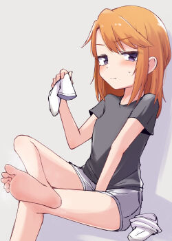 1girl aketa_chika barefoot blush crossed_legs feet highres idolmaster idolmaster_cinderella_girls long_hair looking_at_viewer orange_hair purple_eyes socks soles steam toes unworn_socks yuuki_haru