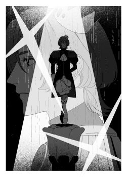 1boy ascot boots border brooch closed_mouth commentary_request crossed_legs crown epaulettes full_body glint greyscale highres jacket jewelry king_of_prism knee_boots looking_at_viewer male_focus monochrome multiple_views norizuki_jin oodlc pants pretty_rhythm pretty_series profile short_hair smile spotlight standing tiptoes
