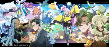 4boys 4girls :d absurdres airagency1005 apron arboliva ascot bellibolt black_hair black_shorts blue_apron blue_mittens boots brassius_(pokemon) brown_apron brown_ascot buttons cetitan character_hair_ornament commentary_request crabominable cupcake dark-skinned_female dark_skin earrings espathra eyelashes florges food gen_2_pokemon gen_3_pokemon gen_4_pokemon gen_6_pokemon gen_7_pokemon gen_8_pokemon greavard green_eyes green_hair green_nails grey_footwear grey_shirt grusha_(pokemon) hair_ornament hat highres holding holding_microphone iono_(pokemon) jacket jewelry katy_(pokemon) kofu_(pokemon) komala larry_(pokemon) long_hair long_sleeves microphone mittens multiple_boys multiple_girls nail_polish necktie nintendo on_head open_mouth pants pelipper pokemon pokemon_(creature) pokemon_on_head pokemon_sv puffy_sleeves purple_hair ryme_(pokemon) scarf shirt short_hair short_sleeves shorts single_leg_pantyhose skirt sleeveless sleeveless_shirt smile smoliv spider_web_print star_(symbol) staraptor striped_clothes striped_scarf sudowoodo sunflora tarountula teddiursa thigh_strap toxtricity toxtricity_(low_key) tulip_(pokemon) white_shirt yellow_jacket