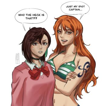 2girls arm_tattoo ayase_momo beetzkidabop14 bikini bikini_top_only bow bowtie brown_eyes brown_hair dandadan english_text highres looking_ahead looking_past_viewer loose_bowtie multiple_girls nami_(one_piece) nami_(one_piece)_(return_to_sabaody) one_piece orange_eyes orange_hair pink_sweater red_bow school_uniform simple_background striped_bikini striped_clothes sweater swimsuit tattoo upper_body white_background