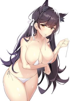 1girl alternate_costume animal_ears arm_under_breasts atago_(azur_lane) azur_lane bikini black_hair blush breasts brown_eyes closed_mouth extra_ears female_focus groin hair_ribbon highres holding holding_string holding_swimsuit holding_unworn_clothes icomochi large_breasts leaning_forward long_hair looking_at_viewer mole mole_under_eye mouth_hold navel ribbon side-tie_bikini_bottom simple_background skindentation smile solo stomach string swept_bangs swimsuit thighs untied_bikini unworn_swimsuit white_background white_bikini white_ribbon