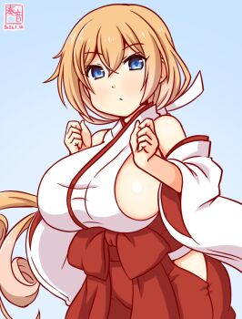 1girl alternate_costume artist_logo black_hairband blonde_hair blue_background blue_eyes blush breasts cowboy_shot crown dated hair_between_eyes hairband hakama hakama_skirt japanese_clothes kanon_(kurogane_knights) kantai_collection kimono large_breasts logo long_hair long_sleeves looking_at_viewer miko one-hour_drawing_challenge red_hakama sideboob simple_background skirt solo valiant_(kancolle) white_background white_kimono