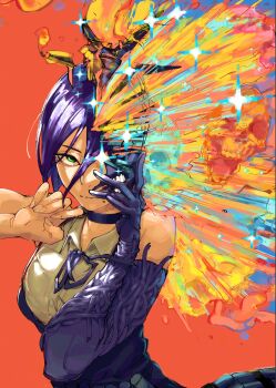 1girl black_choker bomb_devil_(chainsaw_man) chainsaw_man choker collared_shirt elbow_gloves explosion gloves green_eyes grenade_pin hair_between_eyes highres looking_at_viewer purple_gloves purple_hair reze_(chainsaw_man) rikodamu1 shirt skull sleeveless sleeveless_shirt solo transformation white_shirt