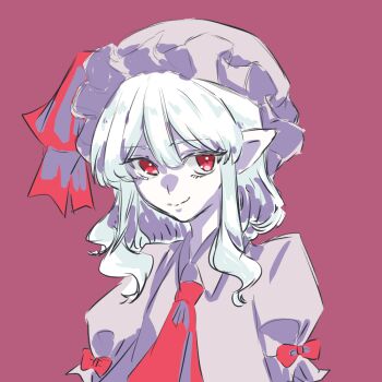 1girl ascot bow closed_mouth hat hat_ribbon medium_hair mob_cap omisoshirutan pink_background pink_shirt pointy_ears red_ascot red_bow red_eyes red_ribbon remilia_scarlet ribbon shirt sidelocks simple_background smile touhou