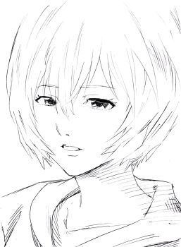 1girl ayanami_rei commentary_request hatching_(texture) highres lee_(dragon_garou) monochrome neon_genesis_evangelion parted_lips portrait short_hair sketch solo
