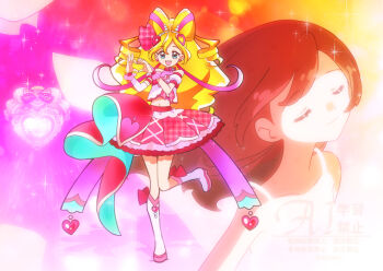 Rule 34 | 2girls, :d, aqua eyes, arm warmers, blonde hair, boots, bow, bow-shaped hair, choker, circle skirt, closed eyes, coattails, colored shoe soles, crop top, cure idol, detached sleeves, dress, dual persona, earrings, glowing, hair bow, hair ornament, heart, heart hair ornament, heart hands, henshin, idol heart brooch (precure), jewelry, kimi to idol precure, knee boots, kyanos (b 0000ff), long hair, magical girl, midriff, multicolored hair, multiple girls, navel, open mouth, orange hair, pink hair, pink skirt, plaid clothes, platform boots, precure, puffy short sleeves, puffy sleeves, sakura uta (precure), short sleeves, single arm warmer, skirt, smile, standing, standing on one leg, teeth, two-tone hair, upper teeth only, watermark, white boots, white dress, wrist cuffs