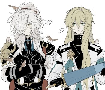 ... 2boys ? animal animal_on_head animal_on_shoulder bird bird_on_head bird_on_shoulder blonde_hair closed_mouth commentary crossed_arms english_commentary green_eyes hashtag-only_commentary highres holding holding_umbrella honkai:_star_rail honkai_(series) jing_yuan ll8989991935001 luocha_(honkai:_star_rail) multiple_boys on_head symbol-only_commentary teeth umbrella white_hair yellow_eyes