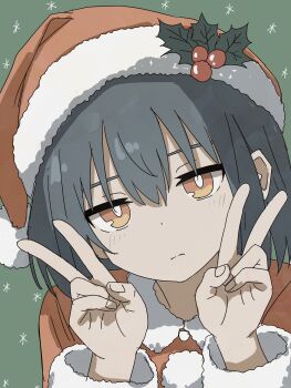 1girl black_hair blush brown_eyes closed_mouth commentary_request double_v dress fur-trimmed_dress fur-trimmed_headwear fur-trimmed_sleeves fur_trim green_background hair_ornament hands_up hat highres long_sleeves looking_at_viewer original santa_costume santa_hat signature solo sparkle upper_body v v-shaped_eyebrows w zatsuplot