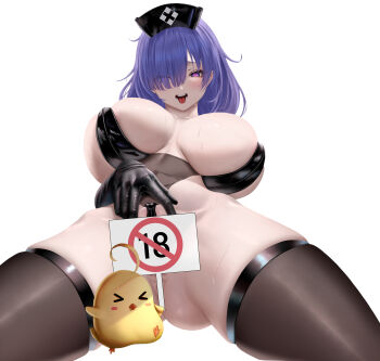 Rule 34 | > <, 1girl, ass, azur lane, black thighhighs, breasts, breasts apart, commentary request, convenient censoring, gloved sleeves, hair over one eye, hat, heart, heart-shaped pupils, highres, holding, holding sign, huge breasts, latex shrug, leotard, looking at viewer, manjuu (azur lane), mogador (azur lane), mogador (olfactory nursery call) (azur lane), nurse cap, official alternate costume, open mouth, purple eyes, purple hair, see-through clothes, see-through leotard, shrug (clothing), sign, simple background, sitting, skindentation, solo, spread legs, symbol-shaped pupils, thighhighs, undersized breast cup, white background, yuzuriha (pixiv 14248010)