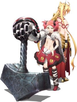 2girls beatrice_flowerchild clothes_pull fate/kaleid_liner_prisma_illya fate_(series) gilgamesh_(fate) groin multiple_girls navel official_art skirt skirt_pull source_request weapon