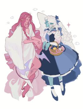 Rule 34 | aqua sclera, asymmetrical eyelashes, basket, blue dress, blue eyes, blue skin, cloak, colored sclera, colored skin, cookie run, cookie run: kingdom, disguise, dress, eternal sugar cookie, heterochromia, highres, holding, hood, humanization, lady in azure, long hair, long sleeves, omchyn, shadow milk cookie, simple background, slit pupils, smile, very long hair, white hair