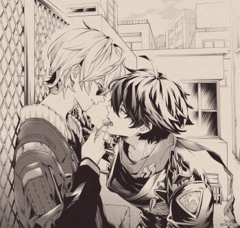 2boys ahoge artist_name building candy chupa_chups city cloud cloudy_sky collarbone day dxkabo696 fence food from_side greyscale hair_between_eyes hand_up highres holding huge_ahoge jacket leather leather_jacket lighter_(zenless_zone_zero) lollipop long_sleeves looking_at_another male_focus monochrome multiple_boys open_clothes open_jacket open_mouth outdoors puffy_long_sleeves puffy_sleeves scarf shirt short_hair sky smile sunglasses teeth tongue upper_body window wise_(zenless_zone_zero) yaoi zenless_zone_zero