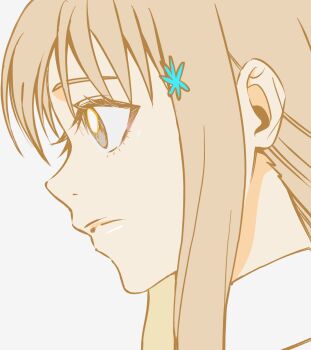 1girl alternate_eye_color bleach closed_mouth female_focus hair_ornament hairclip inoue_orihime looking_at_viewer n_(nauki_11) orange_hair simple_background snowflake_hair_ornament