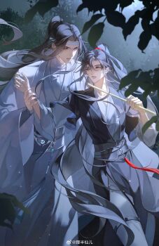 Rule 34 | 2boys, aa820733, absurdres, bishounen, black hair, black hanfu, black sash, chinese clothes, chinese commentary, commentary request, couple, dizi, floating hair, flute, grey eyes, grey pants, hanfu, headband, height difference, high ponytail, highres, holding, holding another's wrist, holding flute, holding instrument, instrument, lan wangji, leaf, light particles, long hair, long sleeves, looking at another, male focus, modao zushi, multiple boys, nature, night, outdoors, pants, parted lips, ponytail, robe, sash, sidelocks, standing, tassel, transverse flute, tree, very long hair, watermark, wei wuxian, weibo watermark, white hanfu, white headband, white sash, wide sleeves, yaoi, yaopei, yellow eyes