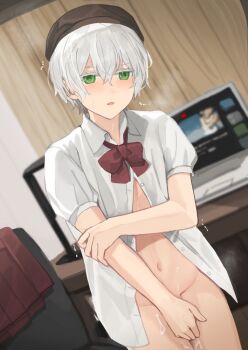 1boy androgynous bad_source bishounen blush bottomless bow bowtie computer covering_privates crossdressing crossdressing_(mtf) cum green_eyes grey-haired_boy_(sunaba_(nczd5875)) grey_hair hat holding_own_arm implied_masturbation laptop looking_at_viewer male_focus navel open_mouth original shirt short_hair solo sunaba_(nczd5875) thighs twitching unbuttoned unbuttoned_shirt white_shirt