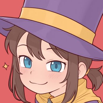 1girl a_hat_in_time blue_eyes brown_hair casytay closed_mouth commentary english_commentary hat hat_kid highres looking_at_viewer ponytail portrait purple_hat red_background short_hair smile solo top_hat