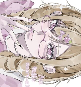 1girl aegyo_sal bead_necklace beads blonde_hair bow caru_c1 closed_mouth commentary ear_piercing eyebrow_piercing face_piercing fingernails food-themed_hair_ornament glasses gyaru hair_between_eyes hair_bow hair_ornament hairclip hand_up highres hime_gyaru jewelry long_hair looking_at_viewer multicolored_nails necklace original piercing pink-framed_eyewear pink_eyes polka_dot polka_dot_bow portrait semi-rimless_eyewear sharp_fingernails sideways simple_background solo strawberry_hair_ornament symbol-only_commentary twintails white_background