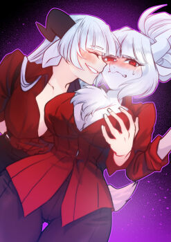 absurdres baphomet_(grizz) blush breast_biting demon_girl demon_horns demon_tail demongem formal_clothes furry furry_female goat_girl goat_horns helltaker highres horns long_hair looking_at_viewer lucifer_(helltaker) original pants red_eyes suit tail white_hair yuri