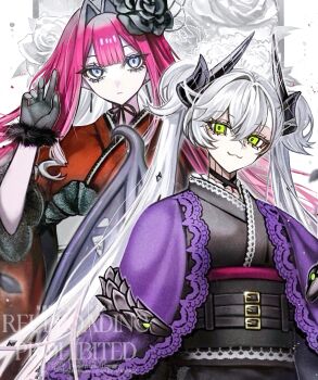 bag baobhan_sith_(fate) black_gloves black_kimono breasts choker crossed_bangs demon_girl demon_horns demon_wings diandao_qin fate/grand_order fate_(series) floral_print flower gloves green_eyes grey_eyes grey_hair hair_between_eyes hair_flower hair_ornament highres horns japanese_clothes kimono lilith_(fate) long_hair long_sleeves looking_at_viewer medium_breasts obi pink_hair pointy_ears red_kimono sash sidelocks smile twintails very_long_hair wide_sleeves wings