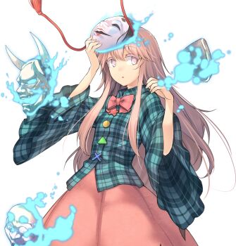 1girl bow bowtie collared_shirt eho_(icbm) game_cg hata_no_kokoro ko-omote_mask labyrinth_of_touhou_(series) labyrinth_of_touhou_tri long_hair long_sleeves mask mask_on_head non-web_source official_art oni_mask open_mouth pink_bow pink_bowtie pink_eyes pink_hair pink_skirt plaid_clothes plaid_shirt shirt skirt solo touhou transparent_background very_long_hair wide_sleeves