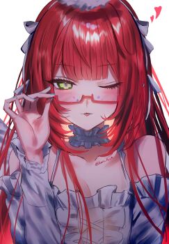 1girl bare_shoulders blue_nails blush collarbone glasses green_eyes heart highres long_hair min_(kmn_aria) one_eye_closed red_hair solo tongue tongue_out twitter_username ukinami_yuzuha upper_body zenless_zone_zero