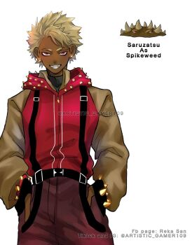 1boy beige_hair belt black_straps black_suspenders bracelet brown_pants brown_undershirt buckle character_name commentary_request cowboy_shot dark-skinned_male dark_skin furrowed_brow hands_in_pockets high_collar highres humanization jacket jewelry long_sleeves long_sleeves_under_sleeveless looking_at_viewer male_focus pants personification plants_vs._zombies red_eyes red_jacket reka-san shirt short_hair simple_background sleeveless sleeveless_jacket smile spiked_bracelet spiked_ear_piercing spiked_hair spiked_hood spikes spikeweed_(plants_vs._zombies) suspenders tagme teeth thorns turtleneck turtleneck_shirt undershirt white_background yellow_spikes zipper