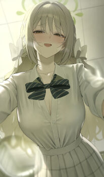 1girl absurdres black_bow black_bowtie blue_archive blush bow bowtie breasts brown_hair collarbone commentary green_eyes green_halo halo hibimaru highres large_breasts long_hair looking_at_viewer miyo_(blue_archive) open_mouth shirt smile solo striped_bow striped_bowtie striped_clothes white_shirt