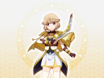 Rule 34 | 1girl, boomerang, brown gloves, brown hair, cape, closed mouth, epaulettes, fingerless gloves, game cg, gloves, holding boomerang, jacket, kobato ryouko, long sleeves, looking at viewer, official art, purple eyes, short hair, shoujo kageki revue starlight, shoujo kageki revue starlight -re live-, smile, solo, standing, thighhighs, upper body, white cape, white jacket, white thighhighs