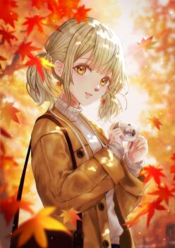 Rule 34 | 1girl, autumn, autumn leaves, avrcsl, azusawa kohane, bag, blonde hair, blue pants, blunt bangs, brown bag, brown coat, camera, coat, commentary request, dappled sunlight, earrings, falling leaves, grey sweater, handbag, highres, holding, holding camera, jewelry, lanyard, leaf, leaf print, looking at viewer, maple leaf, maple leaf print, pants, project sekai, revision, sidelocks, solo, sunlight, sweater, twintails, yellow eyes