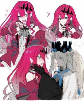 2girls baobhan_sith_(fate) baobhan_sith_(first_ascension)_(fate) bare_shoulders black_dress black_gloves blue_dress blue_eyes blush braid breasts center_frills commentary_request crown detached_collar detached_sleeves dress earrings fate/grand_order fate_(series) frills gloves grey_eyes grey_hair highres jewelry korean_commentary large_breasts long_hair long_sleeves looking_at_viewer morgan_le_fay_(fate) morgan_le_fay_(queen_of_winter)_(fate) multiple_girls multiple_views musical_note nekwnek open_mouth pink_hair pointy_ears ponytail red_dress sidelocks smile tiara two-tone_dress veil very_long_hair wide_sleeves