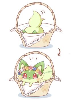 :o animal_focus basket blush bow cat commentary_request flower kana_(maple926) multiple_views nintendo no_humans pink_eyes pokemon pokemon_(creature) shadow simple_background sprigatito twitter_username white_background