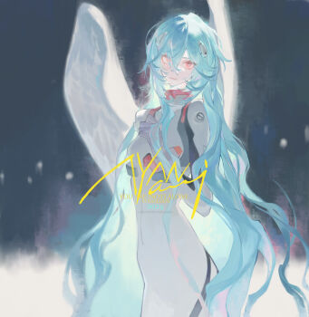 Rule 34 | 1girl, ayanami rei, blue hair, bodysuit, closed mouth, dadonikaaaaaaaaaaa, english text, feathered wings, hair between eyes, hand on own chest, highres, interface headset (evangelion), long hair, looking at viewer, mecha pilot suit, neon genesis evangelion, plugsuit (evangelion), red eyes, solo, white bodysuit, wings