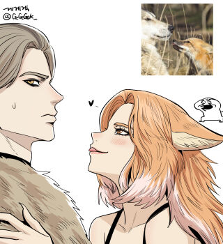 1boy 1girl absurdres animal_ears artist_name artist_self-insert bare_shoulders blush brown_eyes closed_mouth collarbone creature_and_personification curtained_hair fingernails fox fox_ears fox_girl from_side gegegekman grey_wolf heart hetero highres long_fingernails multicolored_hair original personification photo_inset profile reference_inset sharp_fingernails sleeveless small_sweatdrop tongue tongue_out twitter_username two-tone_hair upper_body wolf
