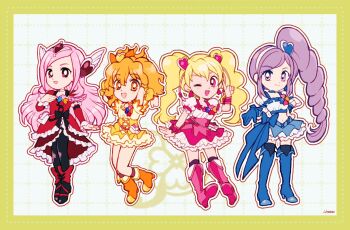 Rule 34 | 4girls, aono miki, arms behind back, asymmetrical dress, black boots, black bow, black pantyhose, black thighhighs, blonde hair, blue boots, blue bow, blue choker, blue gloves, blue skirt, boots, border, bow, bow skirt, bright pupils, brooch, choker, closed mouth, clover, clover brooch, cropped shirt, cross-laced clothes, cross-laced dress, cross-laced skirt, cure berry, cure passion, cure peach, cure pine, deformed, diamond hair ornament, dot nose, dotted line, dress, drill hair, earrings, eyelashes, floating hair, four-leaf clover, fresh precure!, frilled arm warmers, frilled dress, frilled shirt, frilled skirt, frilled sleeves, frilled wrist cuffs, frills, full body, gloves, green border, grid background, hair between eyes, hair bow, hair ornament, hairband, hand on own chest, hand on own hip, happy, harp, heart, heart earrings, heart hair ornament, higashi setsuna, high-waist skirt, high heel boots, high heels, high side ponytail, highres, instrument, jewelry, jumping, knee boots, kneehighs, leaning forward, long dress, long hair, looking at viewer, magical girl, midriff, miniskirt, momozono love, multiple girls, navel, one eye closed, one side up, open mouth, orange boots, orange bow, orange eyes, orange hair, outline, outstretched hand, pantyhose, petticoat, pink boots, pink bow, pink choker, pink eyes, pink hair, pink skirt, pointing, pointing up, precure, puffy short sleeves, puffy sleeves, puffy wrist cuffs, purple border, purple eyes, purple hair, purple socks, red arm warmers, red bow, red dress, red eyes, ribbon-trimmed shirt, ribbon trim, shirt, short sleeves, sidelocks, signature, single glove, skirt, smile, socks, square neckline, standing, swept bangs, tareme, thigh boots, thighhighs, twintails, uwded 207, very long hair, waist bag, waist bow, white background, white bag, white choker, white hairband, white outline, white pupils, white shirt, wing hair ornament, wrist bow, wrist cuffs, wristband, yamabuki inori, yellow skirt, yellow wrist cuffs, zettai ryouiki