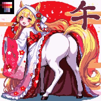 1girl :d animal_ears ass blonde_hair centaur chinese_zodiac color_guide commentary_request fang floral_print floral_print_kimono from_behind full_body hooves horse_ears horse_tail japanese_clothes kimono long_hair long_sleeves looking_at_viewer monster_girl multiple_legs obi open_mouth original pikixu pixel_art presenting presenting_ass print_kimono red_eyes red_sash rope sash shimenawa sidelocks skin_fang smile solo standing tail taur white_kimono wide_sleeves year_of_the_horse