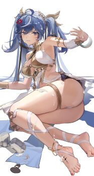1girl absurdres ahoge ancient_greek_clothes anger_vein ass bare_shoulders barefoot blue_eyes blue_hair bottle breasts clenched_teeth commentary_request feet gold_bra greco-roman_clothes hair_belt hand_up head_wreath highres iuno_(wuthering_waves) jewelry jimizuai- leg_wrap long_hair looking_at_viewer medium_breasts milk_bottle multicolored_hair parted_lips simple_background solo streaked_hair suggestive_fluid tacet_mark_(wuthering_waves) teeth thighlet thighs toes twintails underboob very_long_hair white_background wuthering_waves