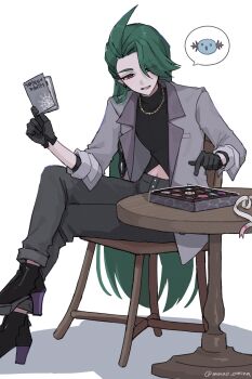 1girl black_boots black_gloves black_pants black_shirt blush boots box box_of_chocolates card clothing_cutout commentary crossed_legs eyewear_hang eyewear_in_pocket gen_2_pokemon gloves green_hair grey_jacket highres holding holding_card jacket jewelry long_hair midriff minao_omina navel necklace nintendo official_alternate_costume official_alternate_hairstyle pants parted_lips pokemon pokemon_masters_ex red_eyes rika_(palentine's_2026)_(pokemon) rika_(pokemon) shirt sitting smile speech_bubble symbol-only_commentary table unworn_eyewear very_long_hair wooper