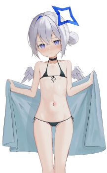 1girl absurdres amane_kanata angel_wings badao bikini black_bikini blush flat_chest grey_hair hair_bun halo highres hololive looking_at_viewer micro_bikini multicolored_hair navel purple_eyes simple_background solo swimsuit towel virtual_youtuber white_background wings