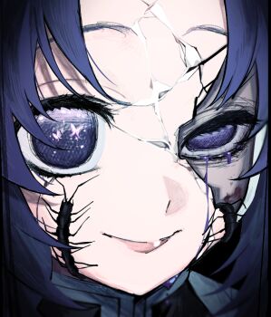 1girl black_hair bug butterfly_hair_ornament centipede commentary_request cracked_kawaii_mask cracked_mask dodekai_crape hair_ornament kimetsu_no_yaiba kochou_shinobu looking_at_viewer parted_bangs portrait purple_hair short_hair smile solo tears