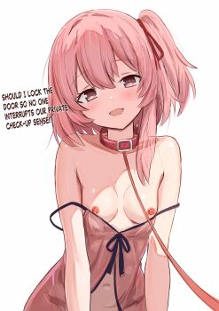 1girl absurdres animal_collar blue_archive breasts collar commentary_request english_text flygombal hair_ribbon highres leash lingerie looking_at_viewer negligee nipples open_mouth pink_eyes pink_hair pink_negligee red_ribbon ribbon serina_(blue_archive) small_breasts smile solo underwear white_background