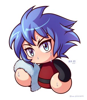 Rule 34 | 1girl, baseball uniform, black shirt, blue eyes, blue hair, commentary request, cropped torso, highres, holding, holding towel, jikkyou powerful pro yakyuu, jikkyou powerful pro yakyuu (style), multicolored shirt, no mouth, parmesan (zan parmesanne), power pro appli, red shirt, saeki hajime, shirt, short hair, solo, sportswear, sweatdrop, towel, twitter username, upper body, white background